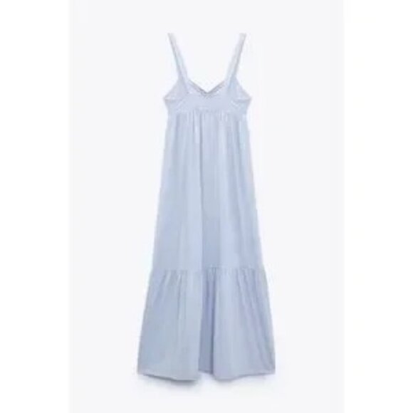 Zara Women's Strappy 100% Cotton Maxi Dress Gathered Front Light Blue Size S - Picture 3 of 16